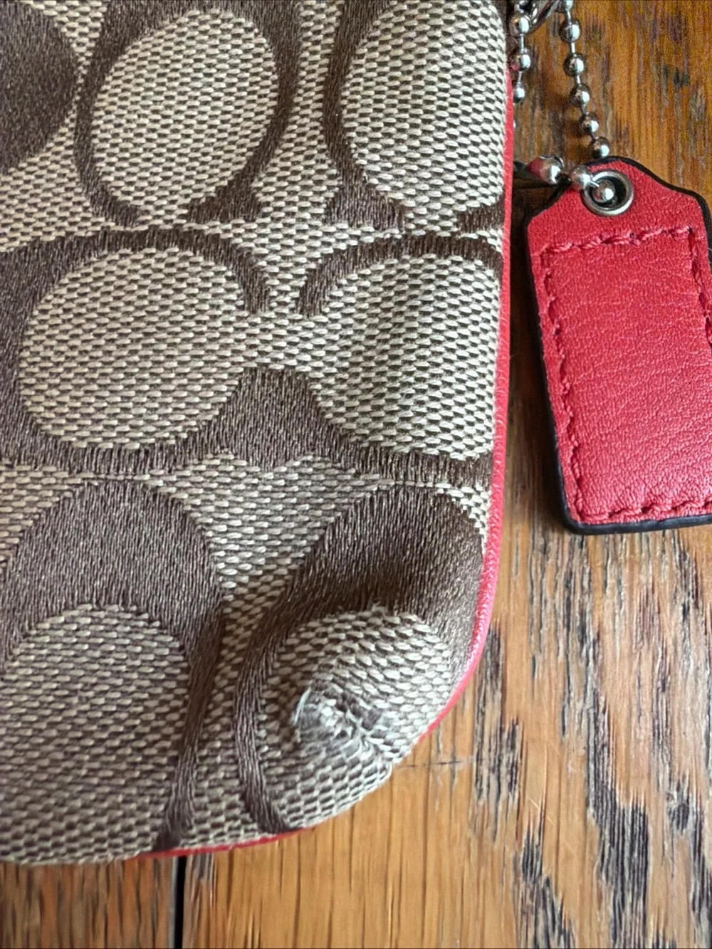 Coach Womens Small Corner Zip Wristlet Wallet Tan Signature Red Strap Coin